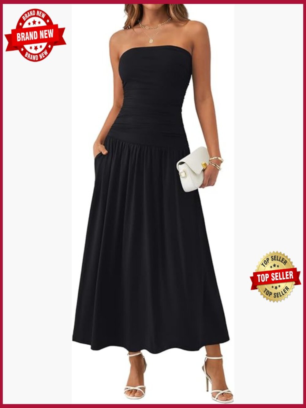 Strapless Maxi Tube Dress with Ruched Bodice & Pockets